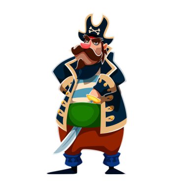 Çizgi film Karayip korsan karakteri eğri bir kılıç tutuyor ve elleri kalçasında güvenle duruyor. Çizgili gömlek, uzun koyu palto, siyah mısır ve geniş yeşil kemer giymiş bir korsan.