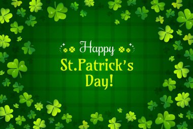 Yonca arkaplanlı Aziz Patrick günü tebrik kartın kutlu olsun. Aziz Patrick tatil vektör pankartı. Yeşil ekose desenli ve el yazısı tipografili İrlanda partisi tebrik kartı