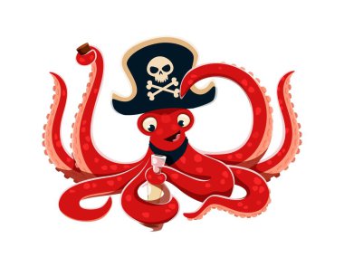 Kaptan şapkasında kafatası bandı olan korsan ahtapot çizgi filmi, mesaj şişesini açıyor. Çocuk baskıları, bebek moda grafikleri ya da eğlenceli deniz tasarımları için deniz cazibesi olan sevimli vektör karakteri