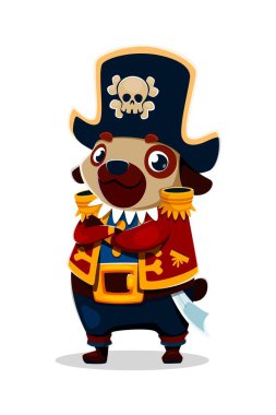 Çizgi film köpekleri, korsan korsan karakterleri. Kaptan şapkası, kafatası amblemi, altın desenli kırmızı ceket, mavi pantolon ve kılıçlı kemer takıyorlar. Kollarını kavuşturup gururla duruyorlar.