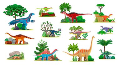 Karikatür tarih öncesi dinozor hayvan karakterleri, doğa manzaralı vektör dinozorlar. Komik brachiosaurus, raptor, monolophosaurus ve karnotaurus dinozorlar orman ağaçları ve dağ kayaları ile
