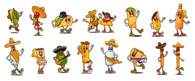 Çizgi film, neşeli Meksika mutfağı karakterleri şapkaları ve gitarları, vektör tex meksika yemeği ve içecekleri. Harika bir taco, burrito ve biber. Şirin Meksika tekila şişesi, nachos, avokado