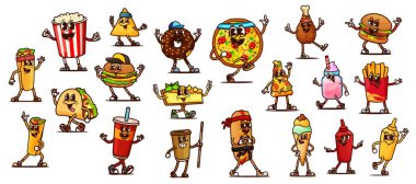 Çizgi film, hippi burgerlerin, içkilerin ve abur cuburların fast food karakterleri. Hamburger, pizza ve tavuk, tatlı dondurma, sosisli, soda ve taco, patlamış mısır ve kahve.