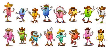 Çizgi filmdeki havalı vitamin karakterleri mutlu kovboy, şerif ve haydut. Vektör retro y2k vitamin ve mineraller, harika multivitamin ve Vahşi Batı şapkalı gıda destek kapsülleri.