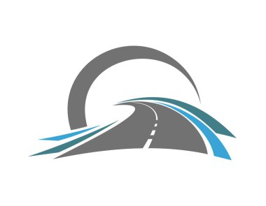 Asfalt karayolu vektör sembolü, rota simgesi. Kavisli gri karayolu ve kavis çizgileri bir yay boyunca uzanan minimalist yol. Araba kiralama, lojistik ve seyahat yolu simgesi