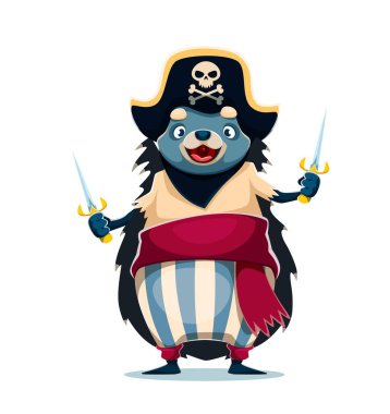 Çizgi film kirpisi, iki kılıç tutan neşeli yüzlü korsan vektör karakteri. Corsair kafatası, çizgili pantolonu ve kırmızı kuşağı olan bir şapka giyer. Kirpi korsan denizci macera oyunu, çıkartmalar