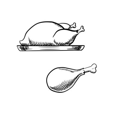 Sketch of roasted full chicken and leg