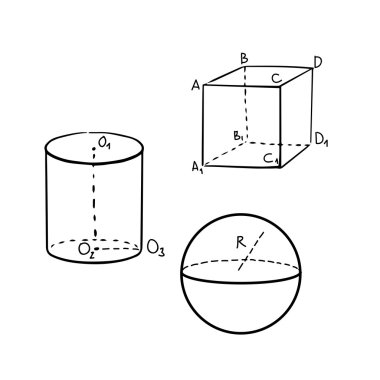 Geometric cube, sphere and cylinder shapes