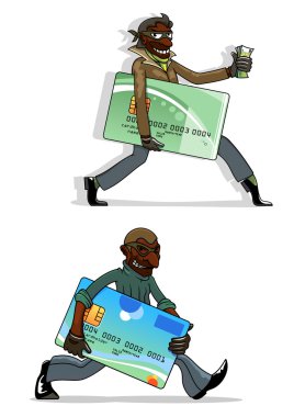 Cartoon thieves with bank cards and money