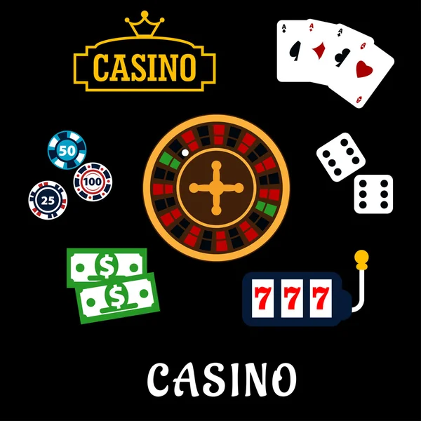 Icônes plates de casino avec symboles de jeu — Image vectorielle