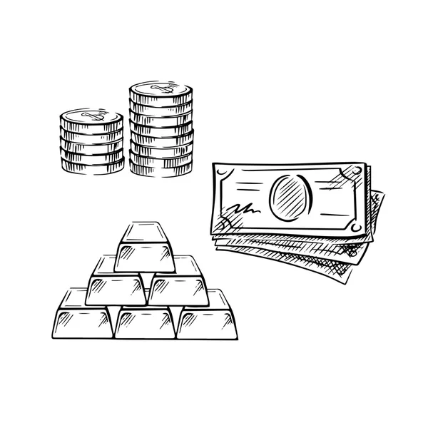 Sketch of dollar bills, coins and gold bars — Stockvector