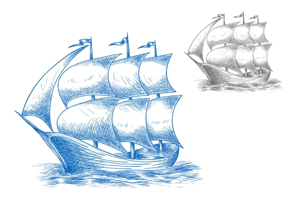 Винтажный корабль под парусом в океане — стоковый вектор