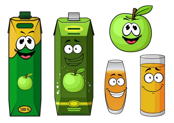 Cartoni animati succo di mela verde confezioni e frutta — Vettoriale Stock