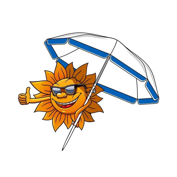 Cartoon sun character with umbrella — Stock Vector