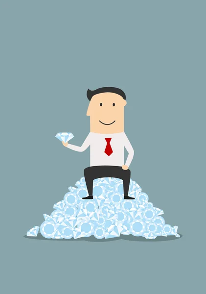 Businessman sitting on heap of shiny diamonds — Stockvector