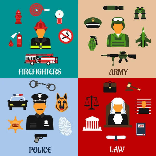 Ікони пожежника, солдата, судді та поліцейського — стоковий вектор