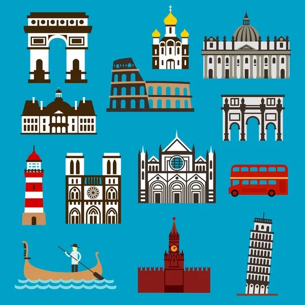 European landmarks and buuildings flat icons — Διανυσματικό Αρχείο
