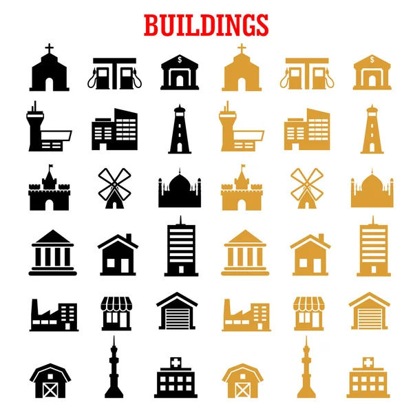 Iconos planos negros y amarillos del edificio — Vector de stock