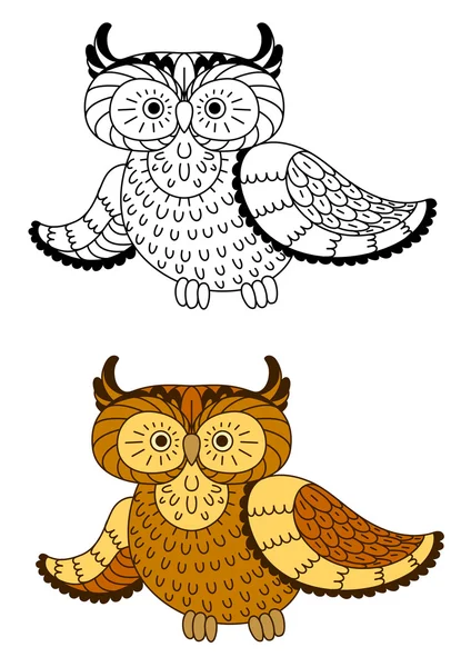 Cartoon owl with brown and yellow plumage — Stockvector