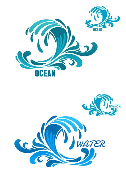 Blue wave icons with swirly water drops — 스톡 벡터