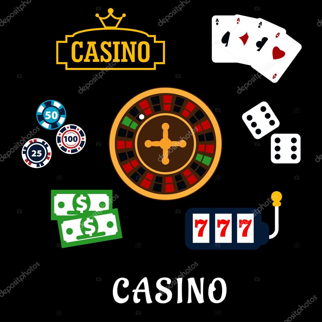 Casino flat icons with symbols of roulette wheel, dice, playing cards, gambling chips, dollar bills, casino sign board with golden crown and slot machine with triple seven