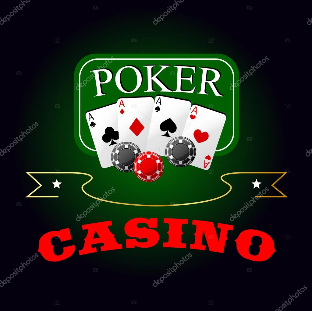Poker game symbol with four aces cards and gambling chips lying on the green poker table, supplemented by golden ribbon banner with stars and caption Casino