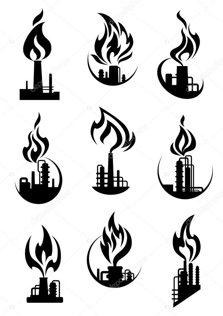 Industrial chemical plant and factory icons with black silhouettes of pipelines, towers and chimneys, fire flames. For gas and oil industry design