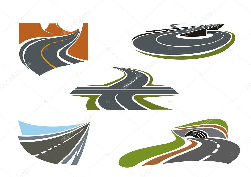 Modern highways, roads and freeways icons