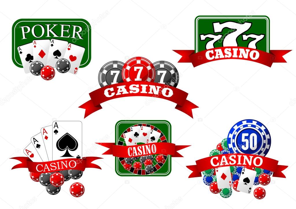 Casino, jackpot and poker game icons with cards, gambling chips, roulette wheel and lucky triple seven symbols, supplemented by red ribbon banners