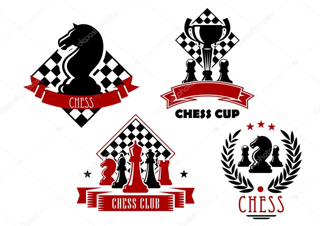 Chess club and tournament cup icons with king, queen, bishop, knight, rook and pawn pieces, trophy cup and chessboards, framed by laurel wreath, ribbon banners and stars