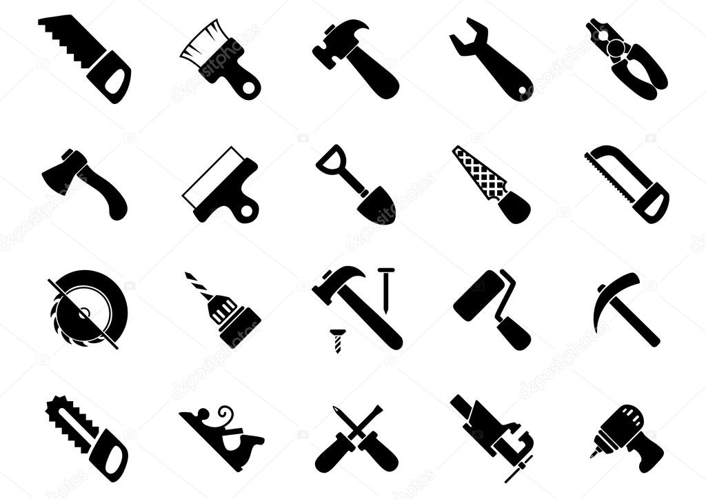 Hand and power tools black icons set with hammers, saws, axe, shovel, screwdrivers, wrench, pliers, drills, paintbrush and roller, spatula, rasp, bench vice, pickaxe and jack plane