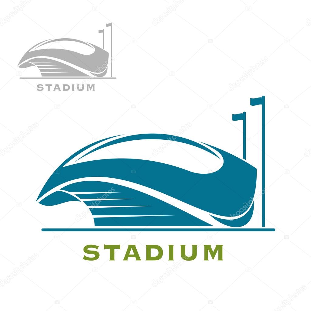 Modern stadium building blue icon with cup shaped base, open roof and caption Stadium below, for sport theme design