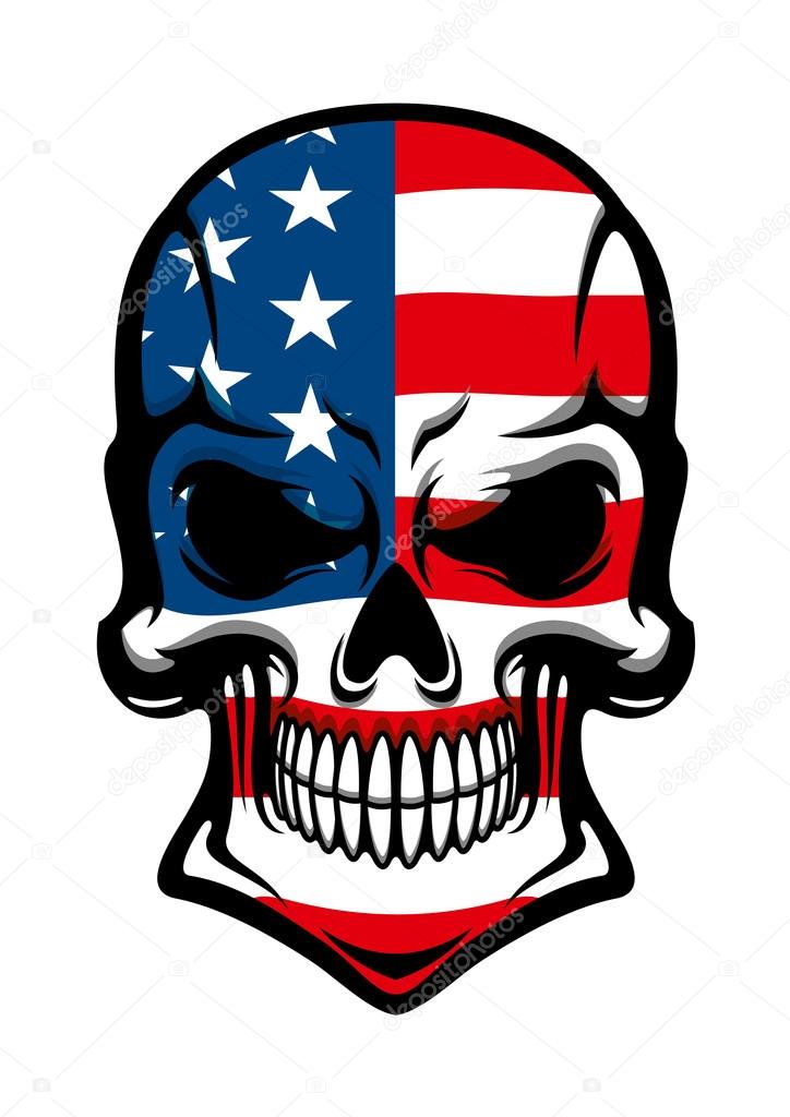 Human skull tattoo with American flag, isolated on white, for t-shirt or mascot design