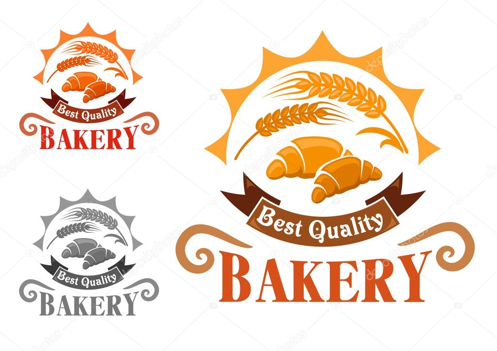 Bakery shop emblem with french croissants and golden wheat ears in rays of sun, adorned by ribbon banner with text Best Quality. Yellow, orange and gray color variations