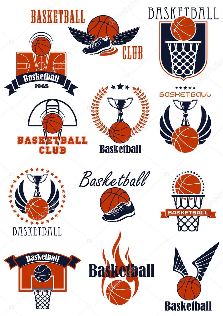Basketball sport game icons with items. Balls, shoes and trophies, supplemented by baskets, backboards, court, wings, flame, stars, shield and ribbon banners elements