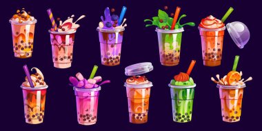 Çizgi film köpüğü sütlü çay bardakları. Sütlü, buzlu, meyveli, çikolatalı ve karamelli tatlı içecekleri. Köpüklü çay, su sıçratır ve pipet içer.