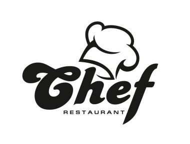 Şef aşçı, aşçı ve yemek ikonu. Fırın şefi vektör rozeti, restoran pişirme ikonu. Aşçılık ve gastronomi menüsü sembolü veya şef tok ve grafik siyah tipografi ile amblemi