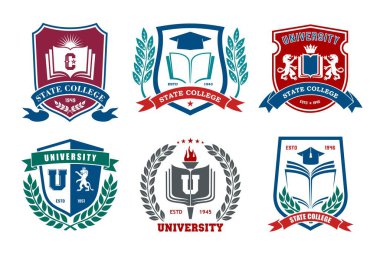 Üniversite, akademi ve okul eğitimi ikonları. Kitap rozetleri, meşale ve mezuniyet şapkaları defne çelenkleri ve kurdele pankartlarıyla birlikte. Üniversite veya üniversite arması belirlendi