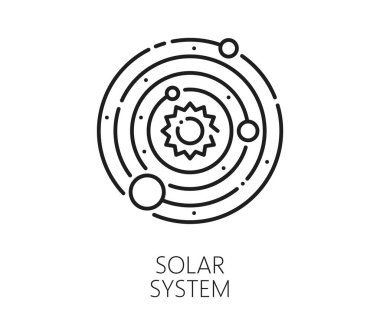Uzay güneş sistemi ve galaksi ince çizgi ikonu. Galaksi uzayı uçuş ana hatları vektör işareti, evren seyahat lineart sembolü. Uzay araştırması ya da keşif ince çizgi simgesi ya da astronomi keşfi pictogram