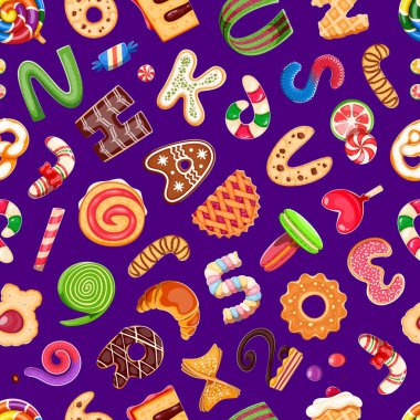 Tatlı yazı tipi mektupları, pastane şekerleri, dikişsiz desenler. Kağıt vektörünü pürüzsüz arkaplan ya da kumaş baskısı ile paketliyorum. Tekstil arkaplanı veya kurabiyeler, şekerler, turtalar ve dondurmalarla çizgi film deseni