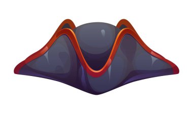 Korsan tricorn şapkası ya da Karayip denizcisinin korsan kaptan başlığı, karikatür vektör ikonu. Korsan şapkalı trikorne ya da kırmızı kenarlı tricorne, denizci amiral ve korsanlık tayfası şapkası
