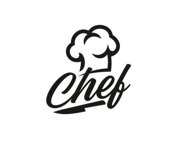 Aşçı ikonu, aşçı ve restoran sembolü. Fırın yemek pişirme vektör amblemi, restoran aşçısı sembolü. Yemek servisi ikonu, aşçı bıçağı, şapka ve el yazısı tipografi.