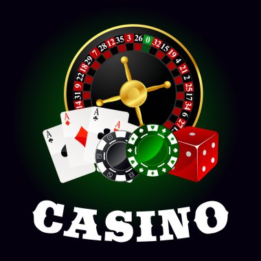 Casino roulette, cards, game chips and dice