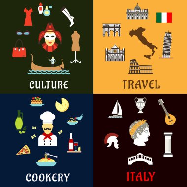 Italy landmarks, culture ans cuisine flat icons