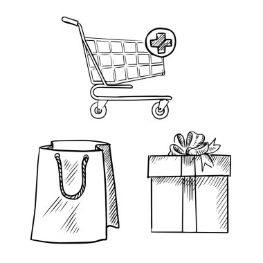 Shopping cart, gift box and shopping bag sketches