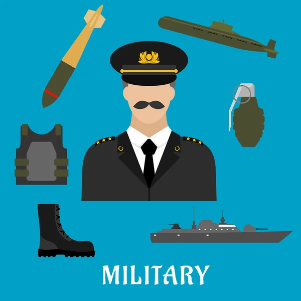 Profesión militar e iconos planos de la marina — Vector de stock
