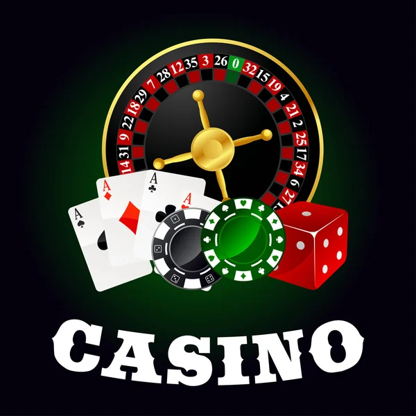 Casino roulette, cards, game chips and dice — Wektor stockowy