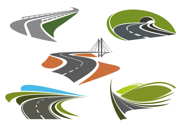 Asphalt highway and roads abstract icons