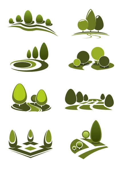 Iconos de paisaje verde parque y jardín — Vector de stock