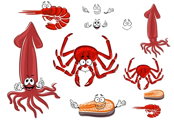 Crabe rouge, crevettes, steak de saumon et calmar — Image vectorielle